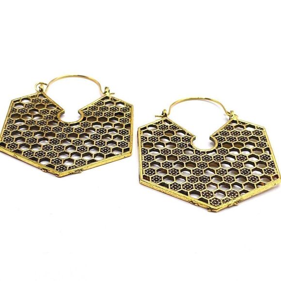 Yellow Gold Boho Style Hexagon Honeycomb Dangling Hinged Hook Earrings - Picture 2 of 6